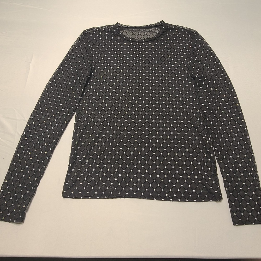 Sheer Black Embellished Mesh Top Sparkly Y2K Glam Long Sleeve Party Clubwear‎